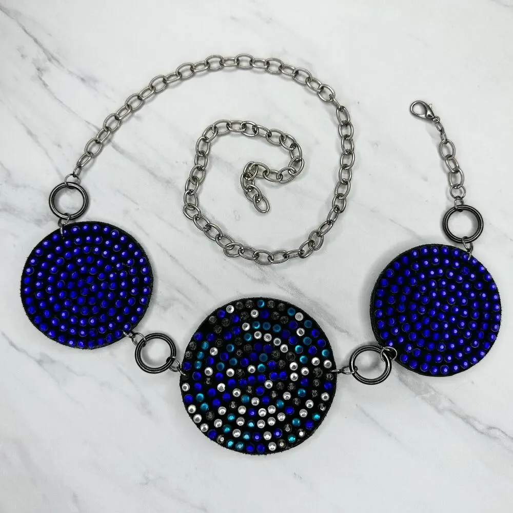 Blue Rhinestone Studded Silver Tone Chain Link Belt OS One Size